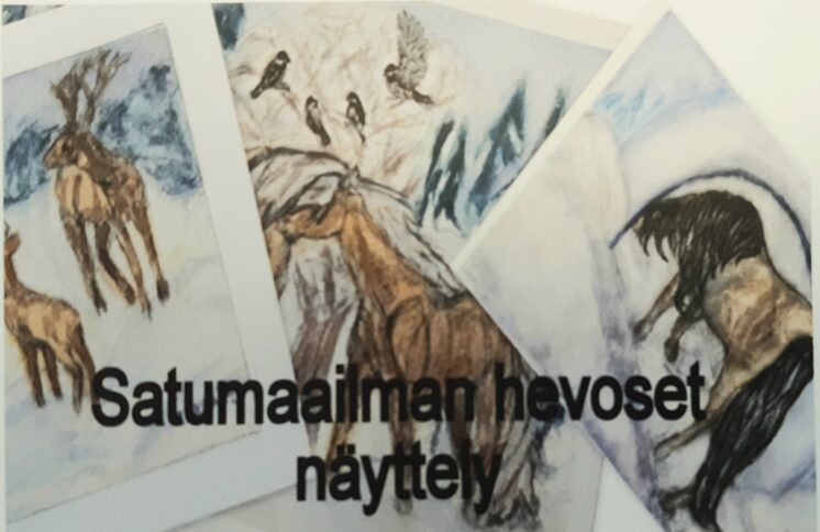 3 hevosmaalausta ja teksti Satumaailman hevoset näyttely