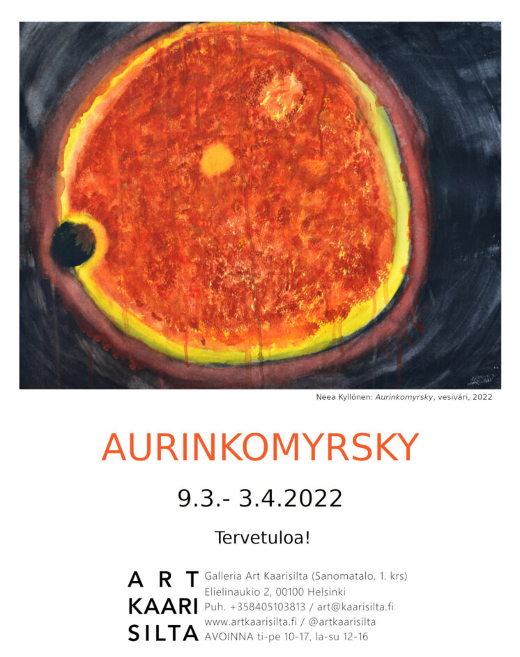 Näyttelytiedot julisteessa, kuvassa Neea Kyllösen Aurinkomyrsky -vesiväriteos vuodelta 2022.
