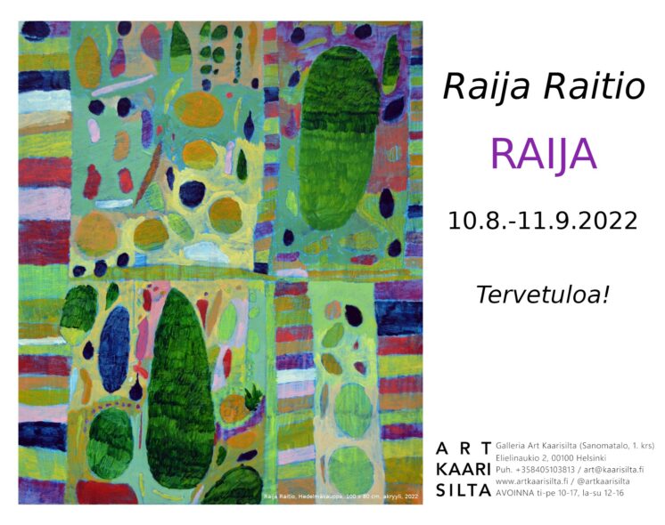 Raija Raition näyttelykutsu. Tervetuloa. Kuvassa Hedelmäkauppa teos vuodelta 2022, koko 100x80 cm, akryylimaalaus.