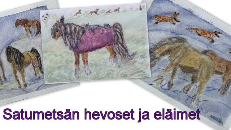 Näyttelykutsun kuvassa hevos-ja eläinaiheisia maalauksia