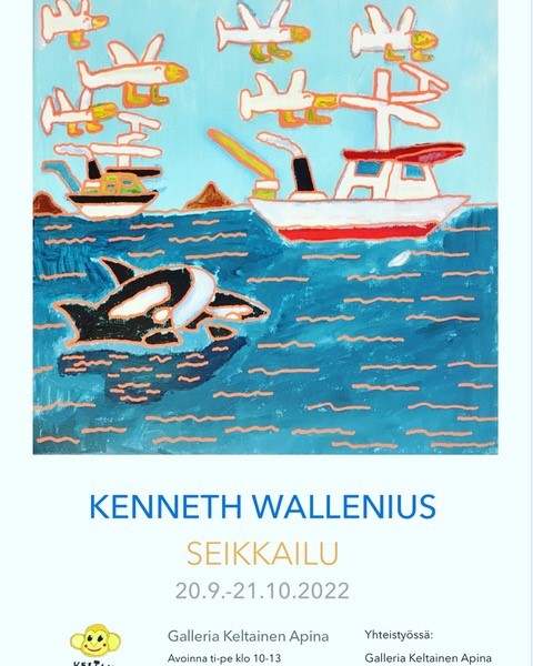 Näyttelyjuliste, kuvassa kaksi delfiiniä ja laivaa merellä, taivaalla monta lentokonetta