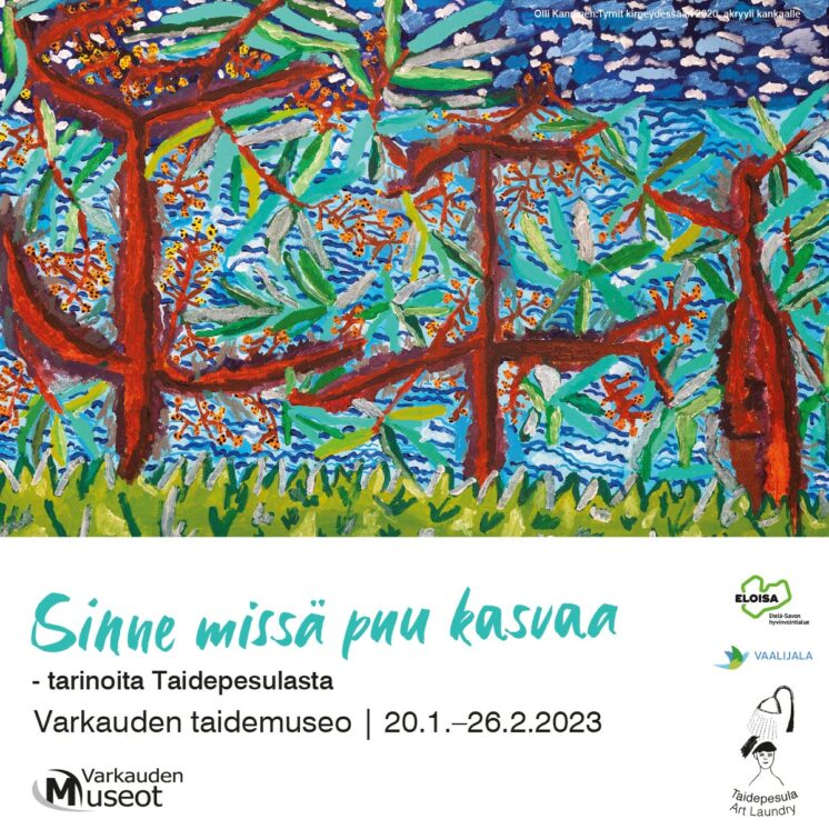 Näyttelykutsussa Olli Kannisen akryylimaalaus Tyrnit kirpeydessään.