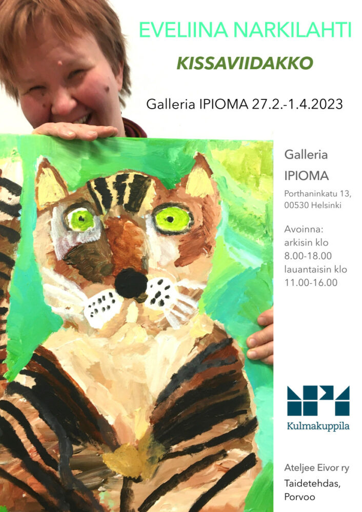 Julisteessa on näyttelytiedot ja kuva taiteilijasta pitämässä kissaeläinmaalausta kädessään.