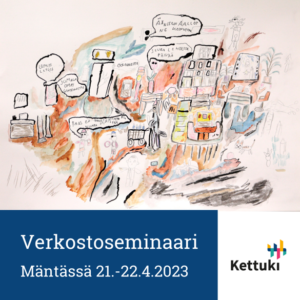 Kuvassa seminaaripäivien ja Kettukin logon lisäksi Riina Noron maalaus Kulttuuritie vie Geneveen.