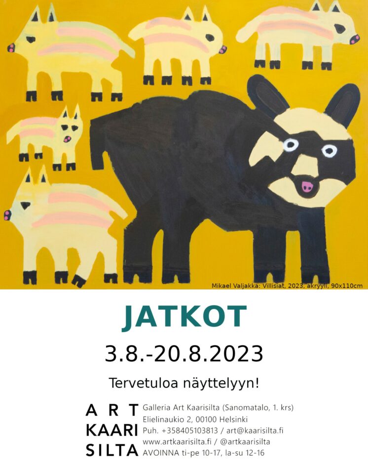 Näyttelyjulisteessa taiteilija Mikael Valjakan akryylimaalaus vuodelta 2023 Villisiat. Kuvan oikeassa alakulmassa iso villisika, jota ympäröi viisi pienempää villisikaa.