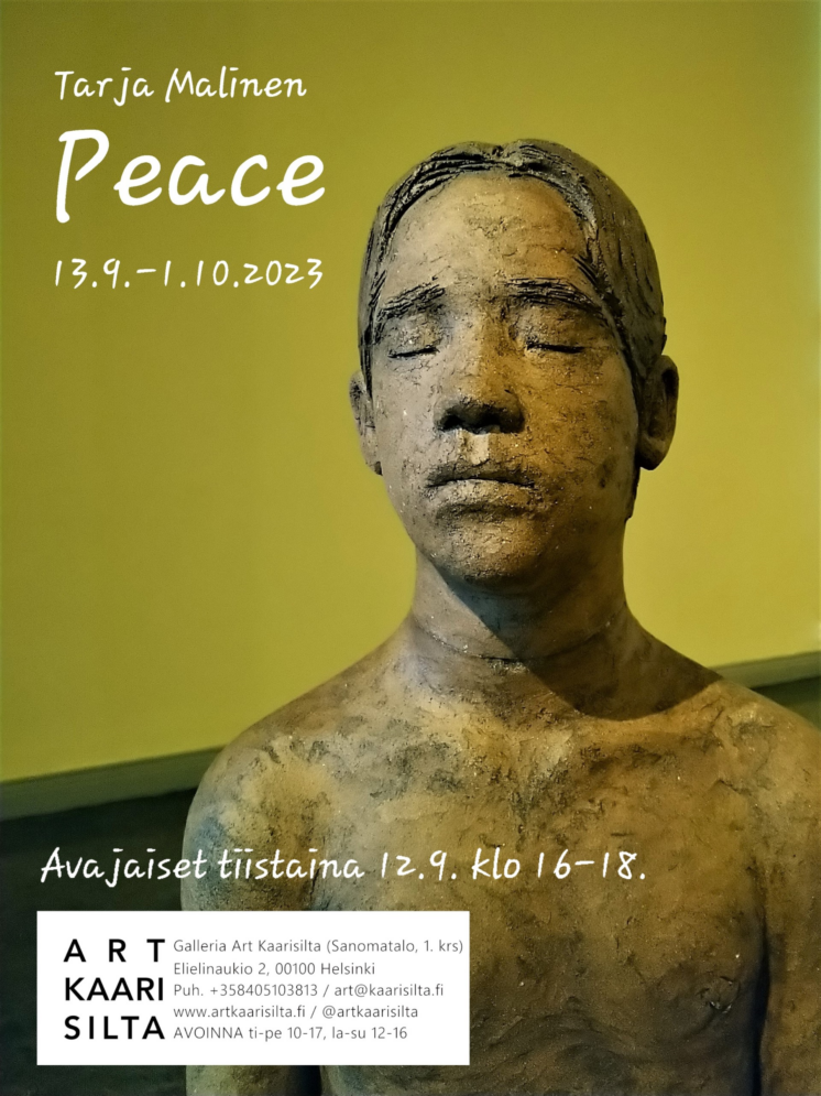 Tarja Malisen näyttelyjulisteessa kuva keraamisesta nuoren henkilön potrettiveistoksesta. Mallin silmät ovat suljettuna.