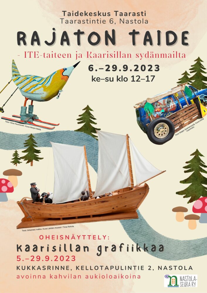 Näyttelyjulisteessa on kuvat Vesa Huumosen hiihtävästä linnusta, Seppo Suomensyrjän Get On -autoinsallaatiosta ja Johannes Ivakon puisesta purjelaivasta.