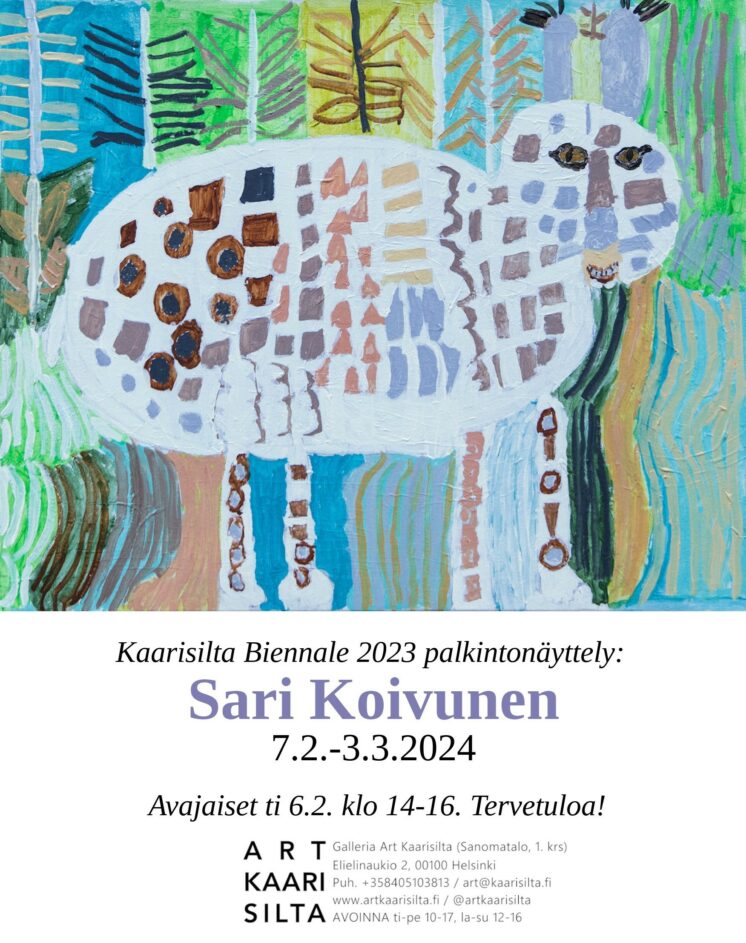 Näyttelyjulisteessa on Sari Koivusen kissa-aiheinen maalaus.