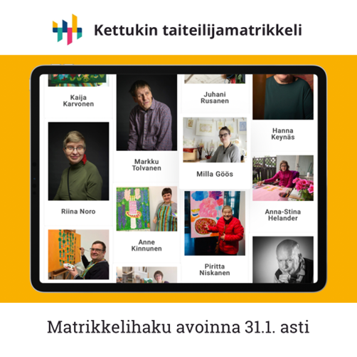 Matrikkelihaku avoinna 31.1. asti. Matrikkelin taiteilijahakusivusta rajatussa kuvassa yhdeksän taiteilijan nimet ja potrettikuvat neljässä sarakkeessa.