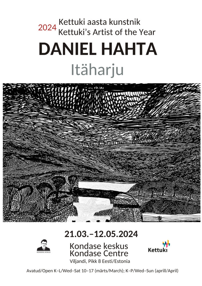 Näyttelyjulisteessa Danielin teoskuva sekä tiedot viroksi ja englanniksi.