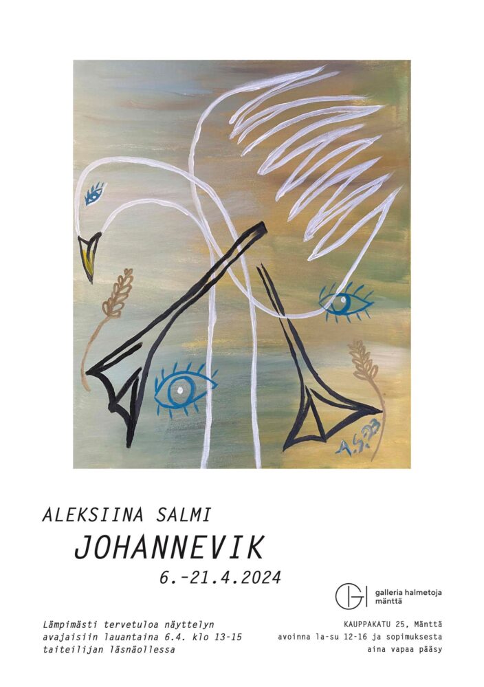 Näyttelyjulisteessa näyttelytietojen lisäksi Aleksiina Salmen teoskuva.