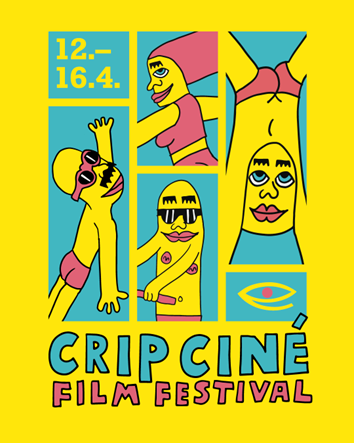Crip Cine film festival juliste, piirrettyjä hahmoja toiminnassa