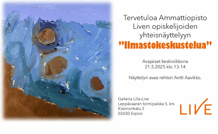 Näyttelykutsussa abstrakti maalaus näyttelytietojen lisäksi.